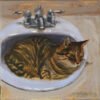 Funny Cat Oil Painting Feline In Bathroom Sink Underneath The Faucet