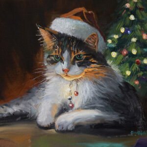 Christmas Cat Tree Painting of Festive Feline on Stretched Canvas