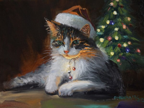 Christmas Cat Tree Painting of Festive Feline on Stretched Canvas