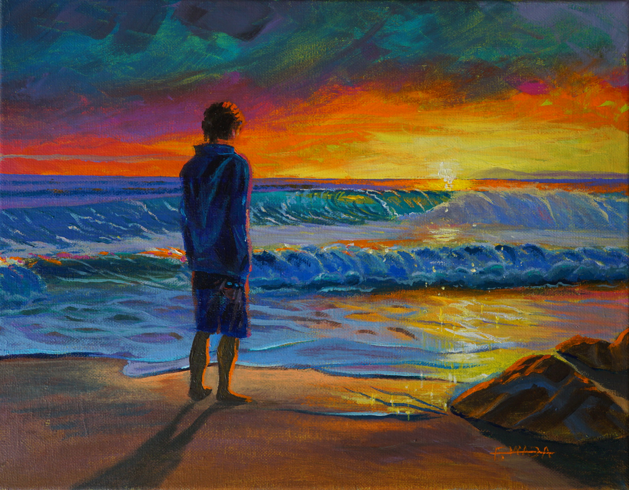 Painting of young man standing on beach at sunset or sunrise bright yellow orange sky