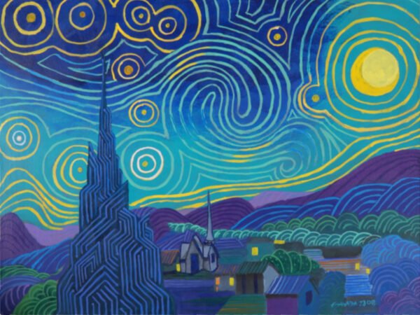 Remake of classic Van Gogh's Starry Night in Line Art Style by Artist Fred Wada