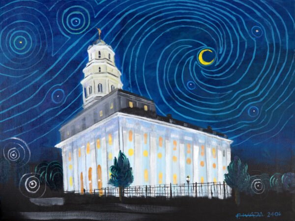 Navoo Temple Art Painting 18" X 24" Acrylic On Canvas. Navoo Illinois Temple influenced by classic Van Gogh's Starry Night in Line Art Style by Artist Fred Wada