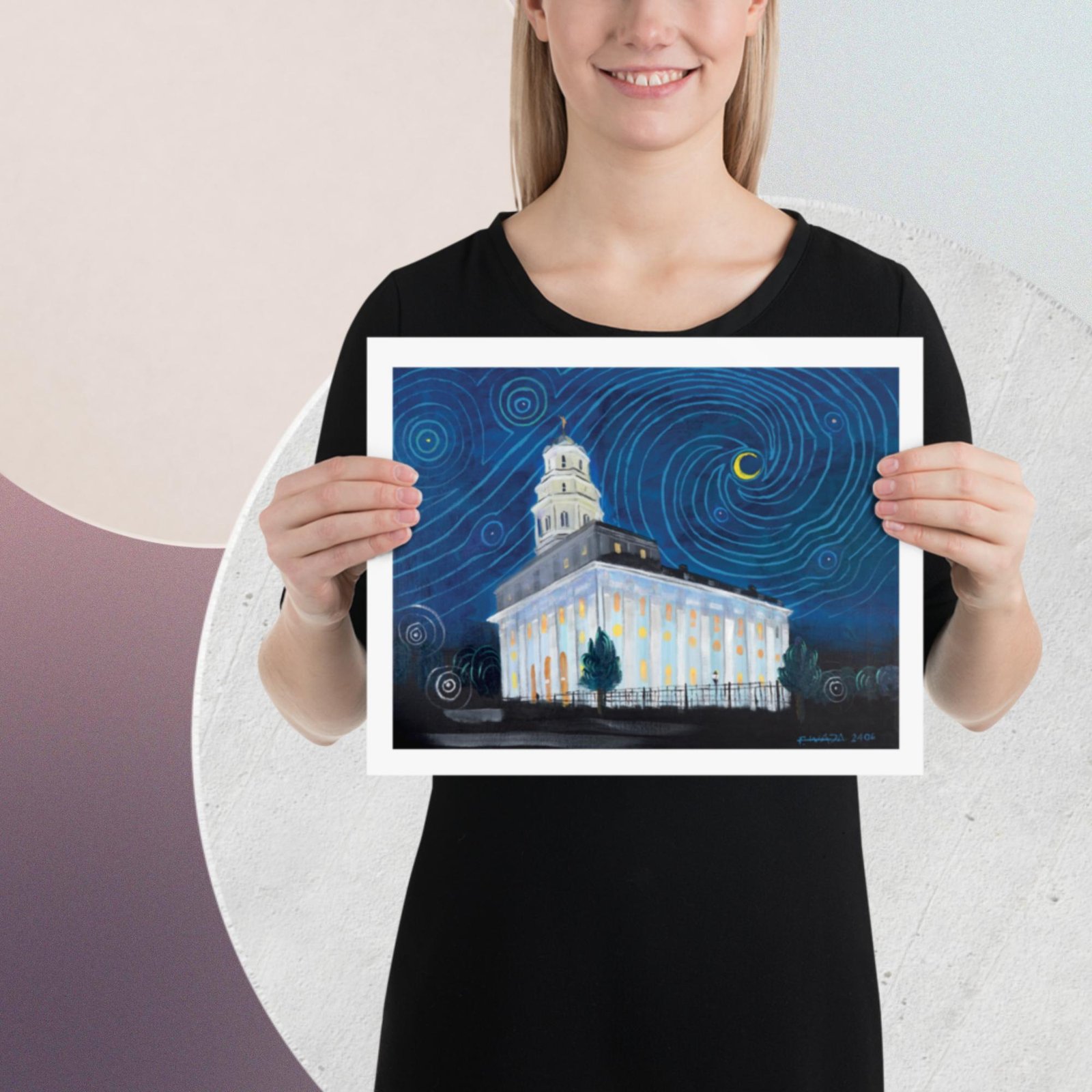 Navoo Illinois Temple influenced by classic Van Gogh's Starry Night in Line Art Style by Artist Fred Wada