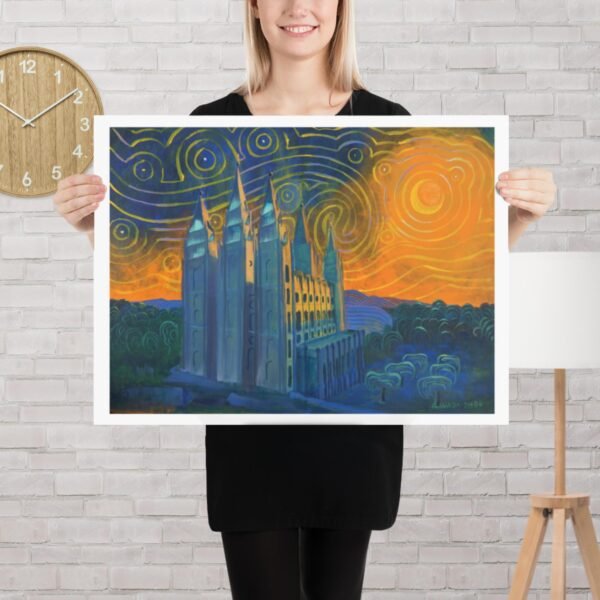 Salt Lake City Utah Temple influenced by classic Van Gogh's Starry Night in Line Art Style by Artist Fred Wada