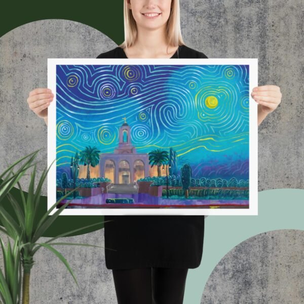 Newport Beach California Temple influenced by classic Van Gogh's Starry Night in Line Art Style by Artist Fred Wada