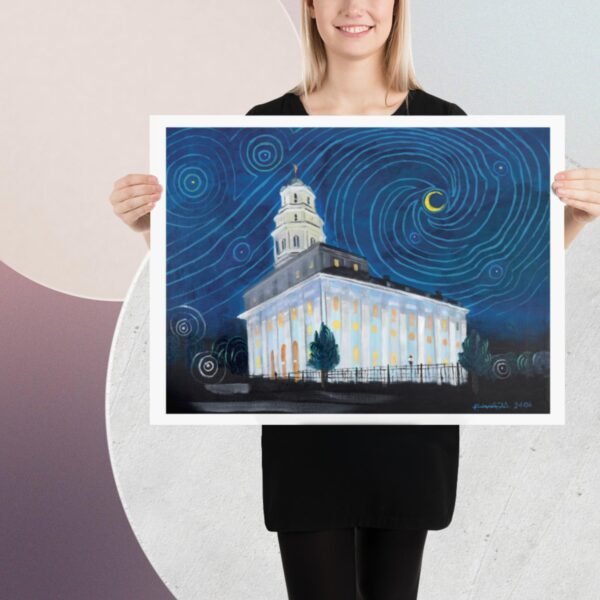 Navoo Illinois Temple influenced by classic Van Gogh's Starry Night in Line Art Style by Artist Fred Wada