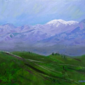This is acrylic painting depicts a view of snow capped Mount Baldy