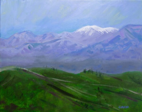 This is acrylic painting depicts a view of snow capped Mount Baldy