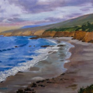 painting of this area, from Cliff point recreation staircase of Heisler Park area of Laguna Beach looking north over diver’s Cove, fisherman’s Cove, Shaw’s Cove and northward.