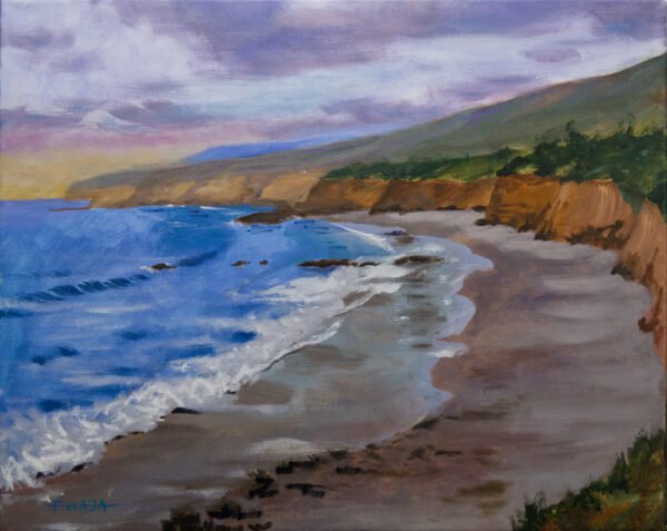 painting of this area, from Cliff point recreation staircase of Heisler Park area of Laguna Beach looking north over diver’s Cove, fisherman’s Cove, Shaw’s Cove and northward.